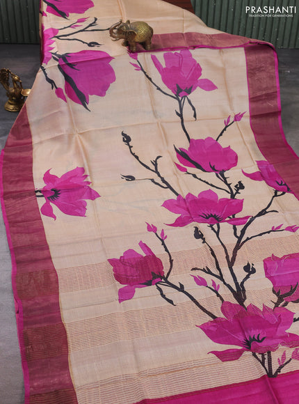 Pure tussar silk saree beige and magenta pink with allover prints and zari woven border