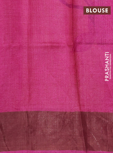 Pure tussar silk saree beige and magenta pink with allover prints and zari woven border