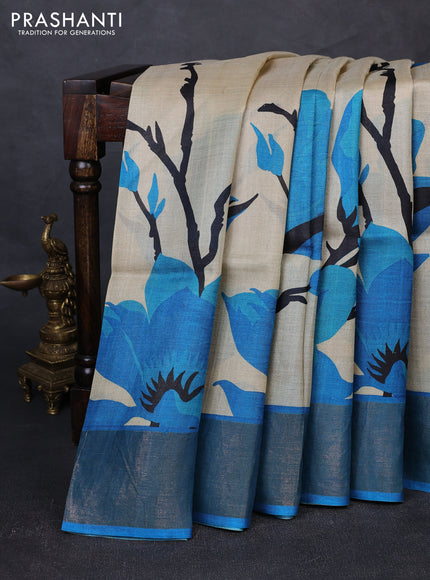 Pure tussar silk saree beige and cs blue with allover prints and zari woven border