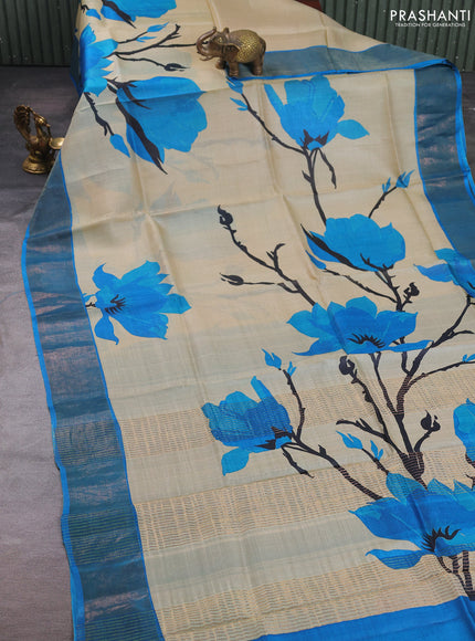 Pure tussar silk saree beige and cs blue with allover prints and zari woven border