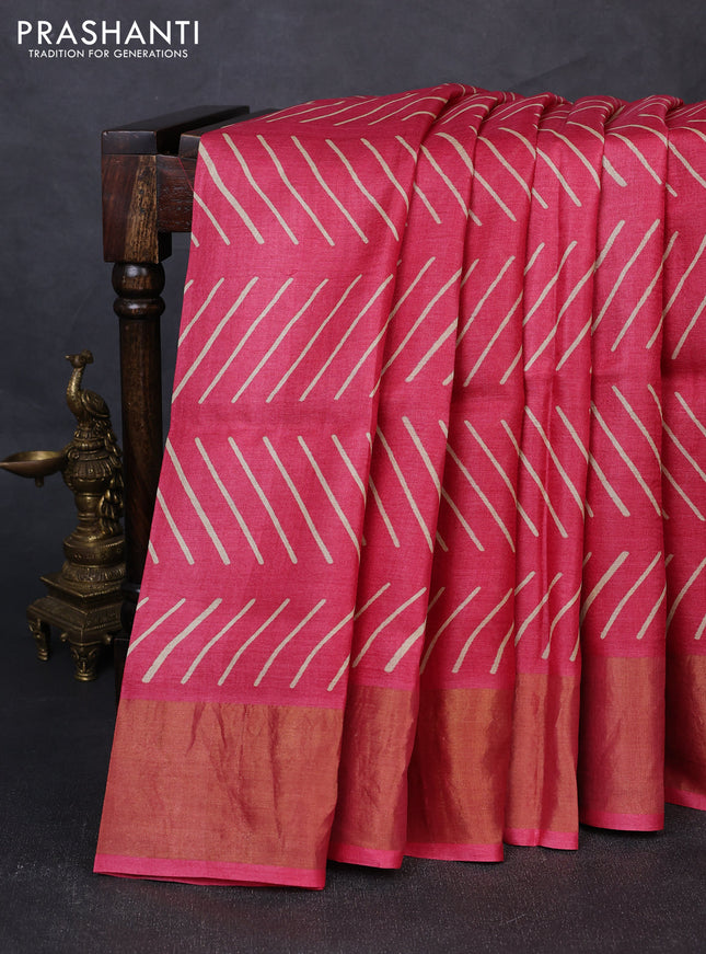 Pure tussar silk saree pink with allover geometric prints and zari woven border