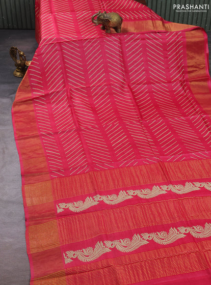 Pure tussar silk saree pink with allover geometric prints and zari woven border
