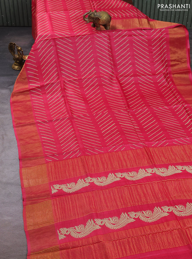 Pure tussar silk saree pink with allover geometric prints and zari woven border