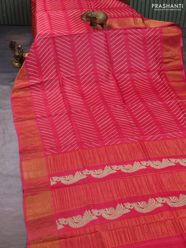 Pure tussar silk saree pink with allover geometric prints and zari woven border