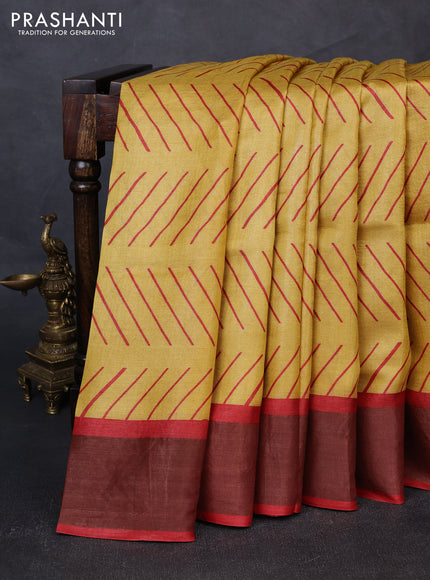 Pure tussar silk saree mustard yellow and maroon with allover geometric prints and zari woven border
