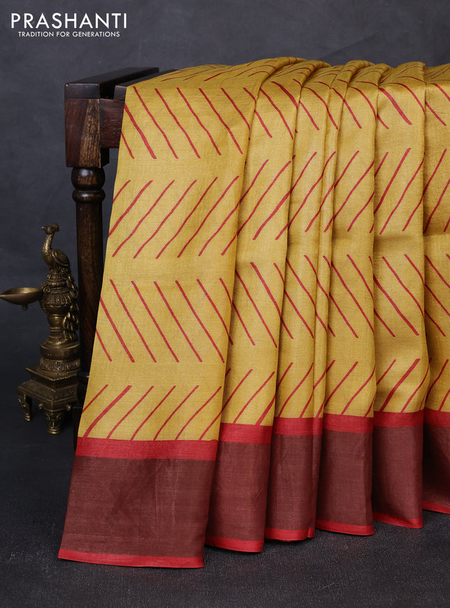 Pure tussar silk saree mustard yellow and maroon with allover geometric prints and zari woven border