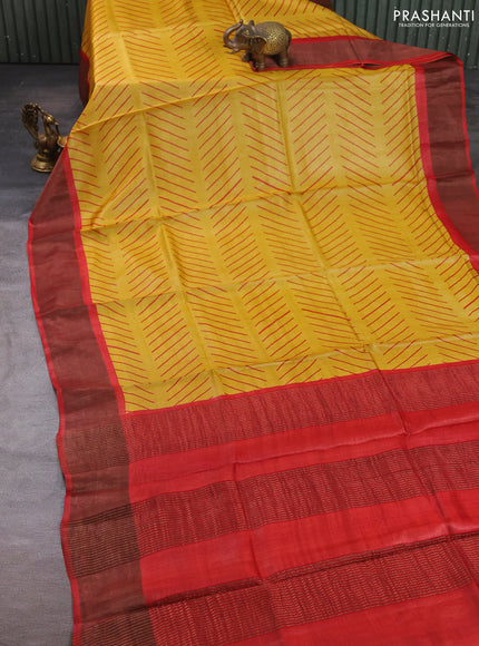 Pure tussar silk saree mustard yellow and maroon with allover geometric prints and zari woven border