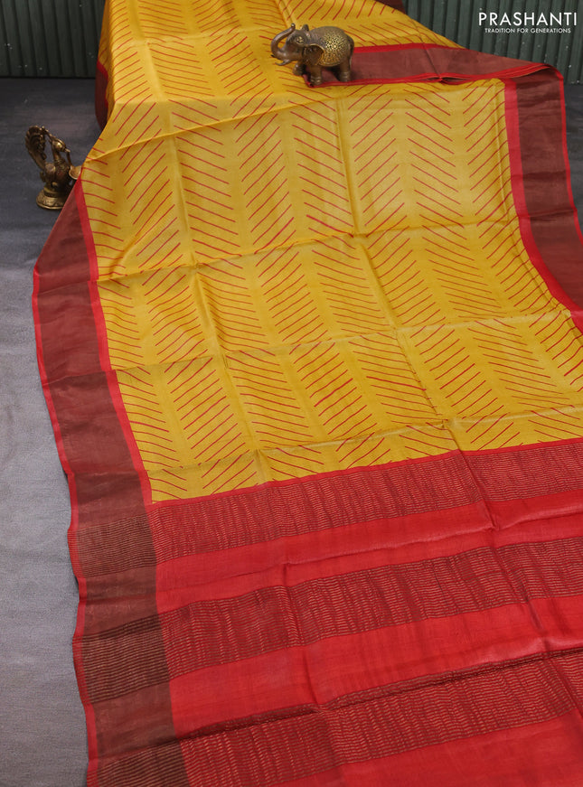 Pure tussar silk saree mustard yellow and maroon with allover geometric prints and zari woven border
