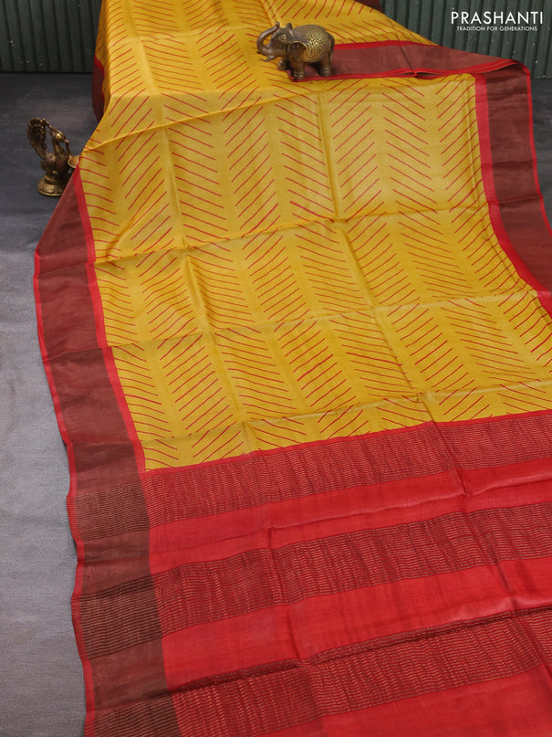 Pure tussar silk saree mustard yellow and maroon with allover geometric prints and zari woven border