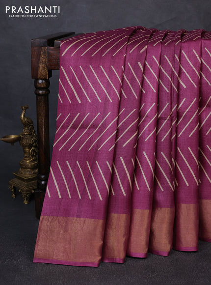 Pure tussar silk saree wine shade with allover geometric prints and zari woven border
