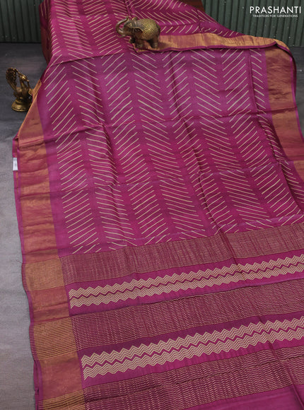 Pure tussar silk saree wine shade with allover geometric prints and zari woven border