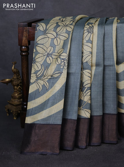 Pure tussar silk saree grey and black with prints and zari woven border