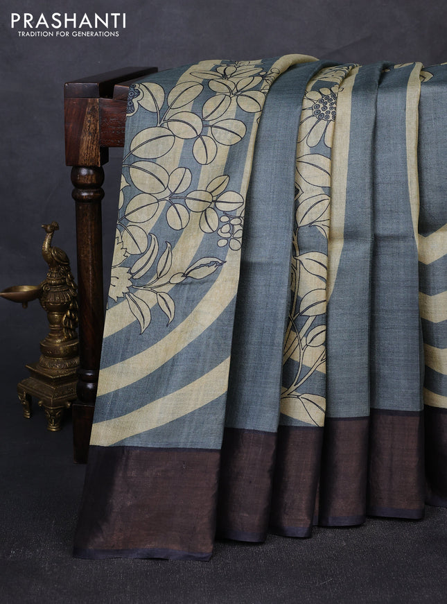 Pure tussar silk saree grey and black with prints and zari woven border
