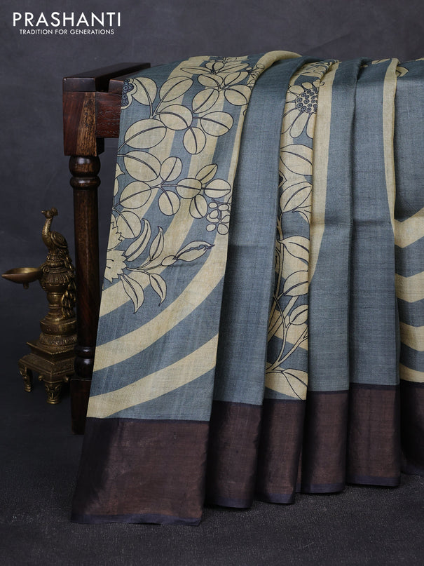 Pure tussar silk saree grey and black with prints and zari woven border