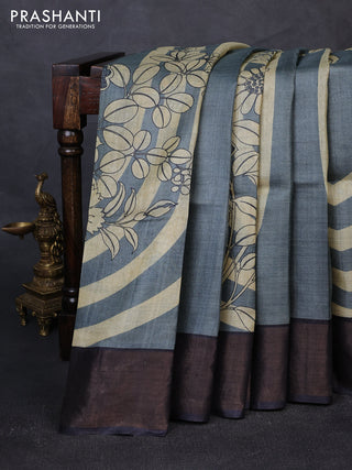 Pure tussar silk saree grey and black with prints and zari woven border
