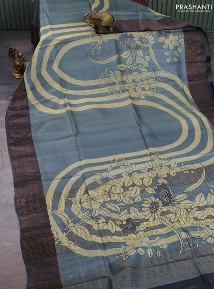Pure tussar silk saree grey and black with prints and zari woven border