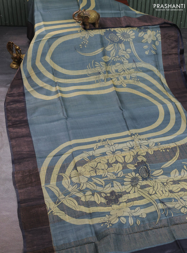 Pure tussar silk saree grey and black with prints and zari woven border