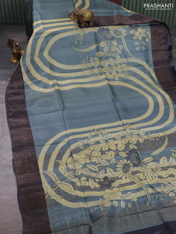 Pure tussar silk saree grey and black with prints and zari woven border