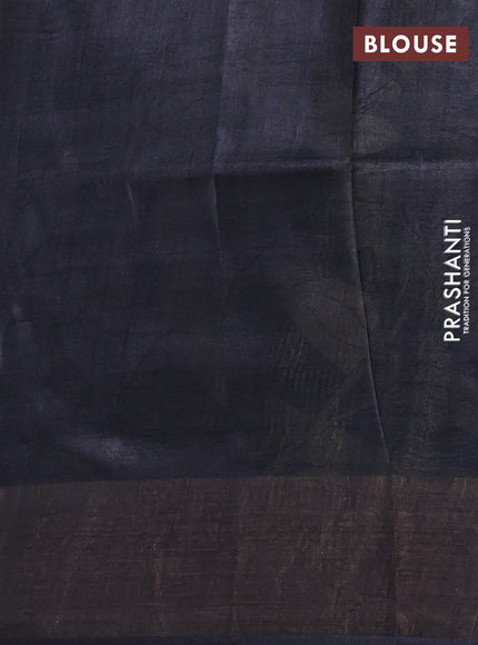 Pure tussar silk saree grey and black with prints and zari woven border