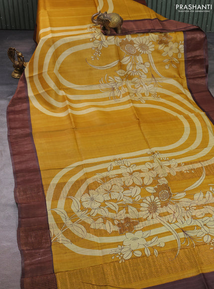 Pure tussar silk saree mustard yellow and brown with prints and zari woven border