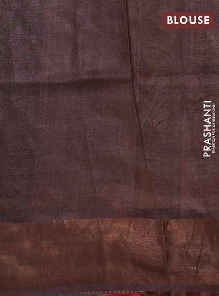 Pure tussar silk saree mustard yellow and brown with prints and zari woven border