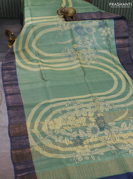 Pure tussar silk saree pastel green and blue with prints and zari woven border