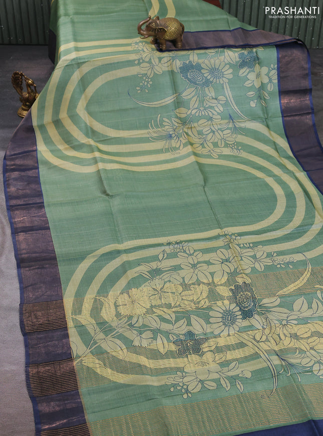 Pure tussar silk saree pastel green and blue with prints and zari woven border