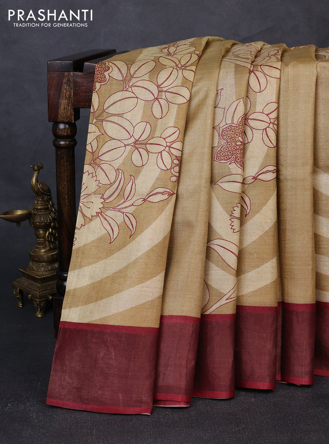 Pure tussar silk saree sandal and maroon with prints and zari woven border