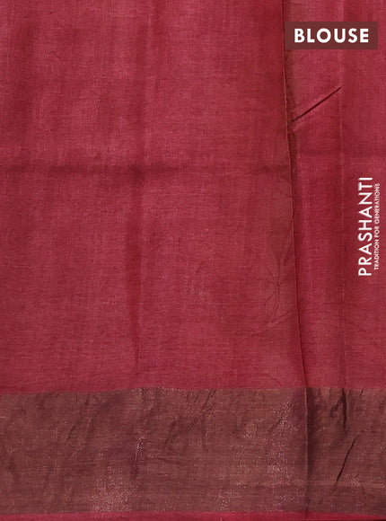 Pure tussar silk saree sandal and maroon with prints and zari woven border