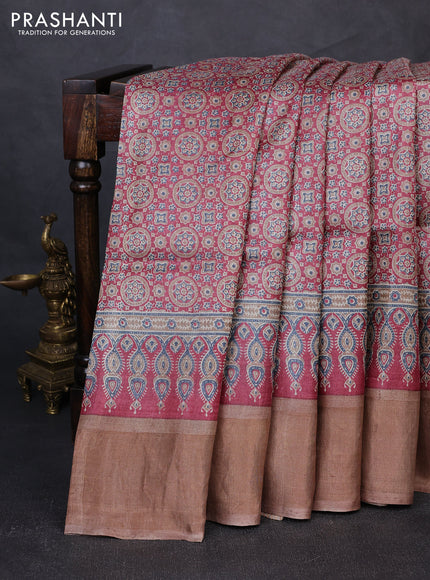 Pure tussar silk saree maroon and sandal with allover ajrakh prints and zari woven border