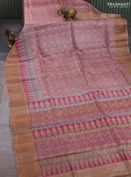 Pure tussar silk saree maroon and sandal with allover ajrakh prints and zari woven border