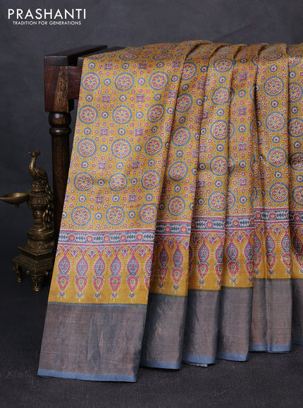 Pure tussar silk saree mustard yellow and grey with allover ajrakh prints and zari woven border