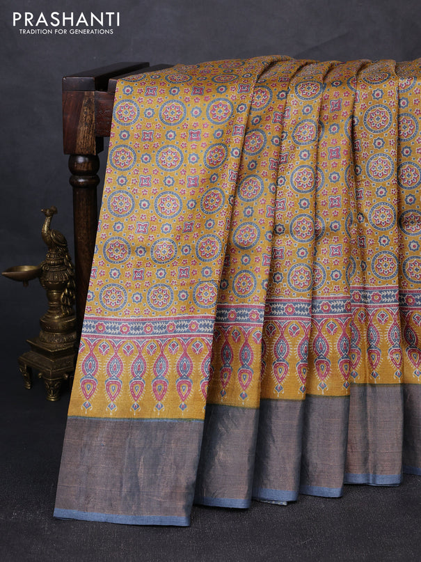 Pure tussar silk saree mustard yellow and grey with allover ajrakh prints and zari woven border