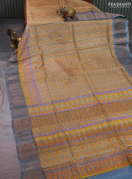 Pure tussar silk saree mustard yellow and grey with allover ajrakh prints and zari woven border