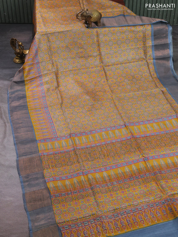 Pure tussar silk saree mustard yellow and grey with allover ajrakh prints and zari woven border