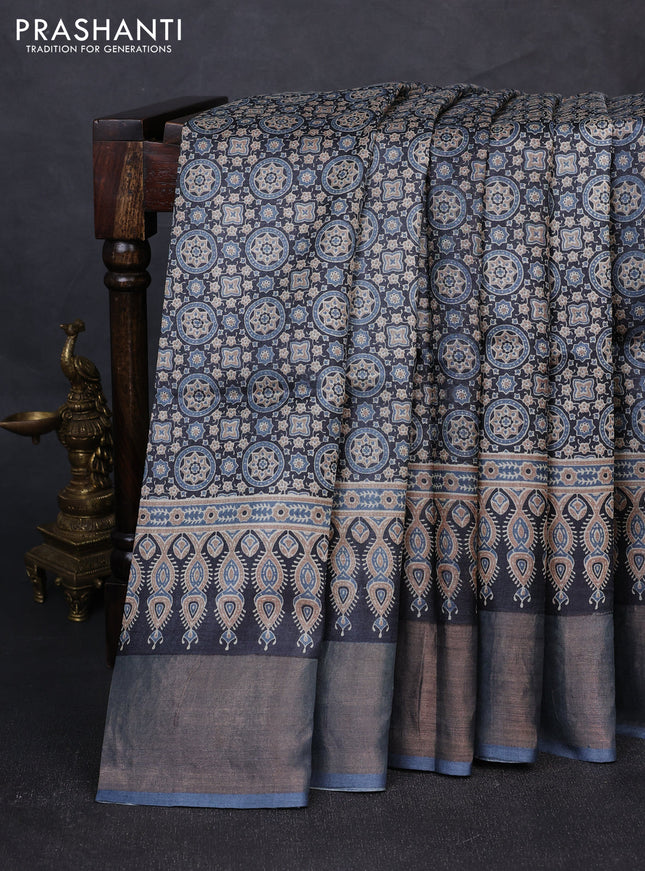 Pure tussar silk saree black and grey with allover ajrakh prints and zari woven border
