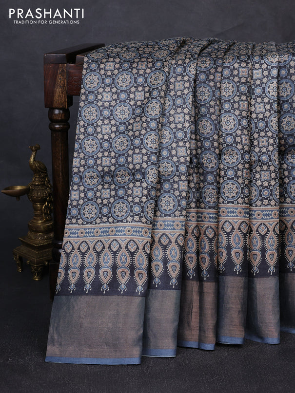 Pure tussar silk saree black and grey with allover ajrakh prints and zari woven border