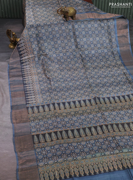 Pure tussar silk saree black and grey with allover ajrakh prints and zari woven border