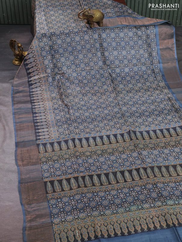 Pure tussar silk saree black and grey with allover ajrakh prints and zari woven border