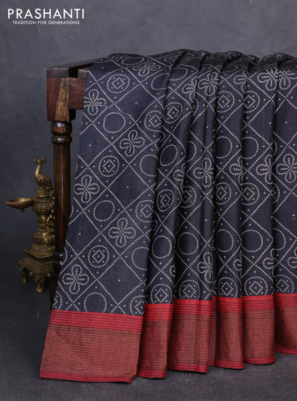 Pure tussar silk saree black and maroon with allover bandhani prints and zari woven border