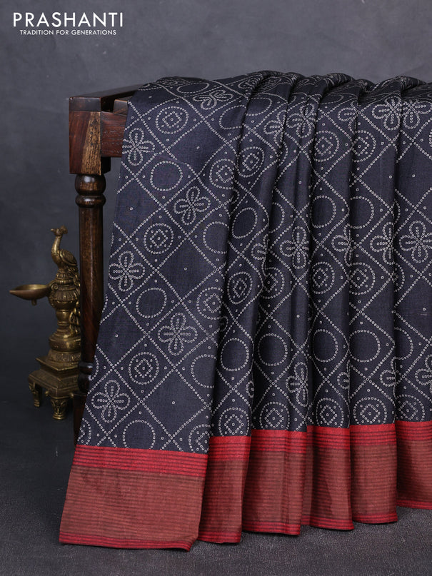 Pure tussar silk saree black and maroon with allover bandhani prints and zari woven border