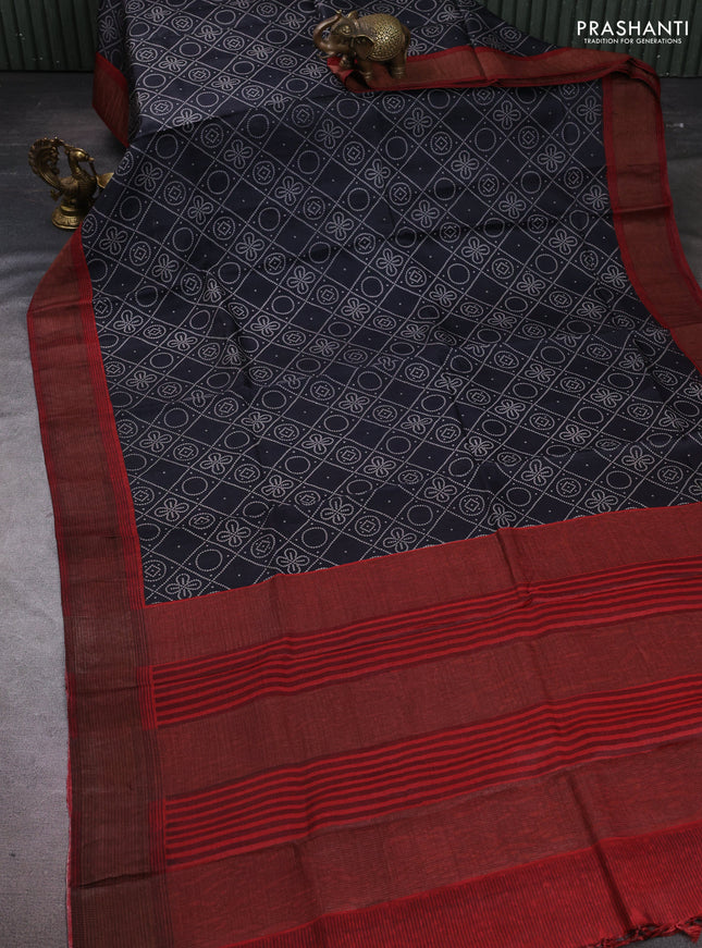 Pure tussar silk saree black and maroon with allover bandhani prints and zari woven border