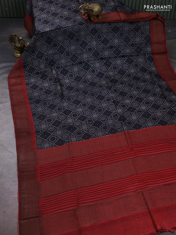 Pure tussar silk saree black and maroon with allover bandhani prints and zari woven border