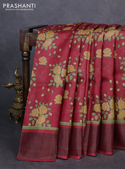 Pure tussar silk saree red with allover floral prints and zari woven border