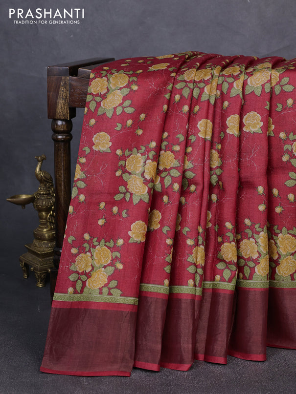 Pure tussar silk saree red with allover floral prints and zari woven border