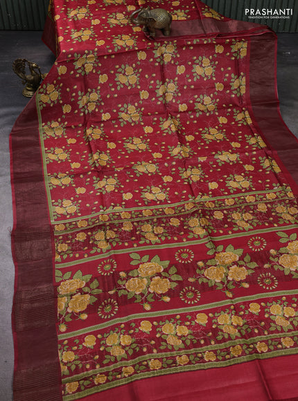 Pure tussar silk saree red with allover floral prints and zari woven border