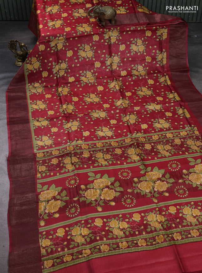 Pure tussar silk saree red with allover floral prints and zari woven border
