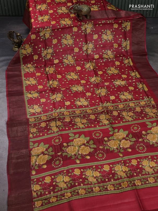 Pure tussar silk saree red with allover floral prints and zari woven border