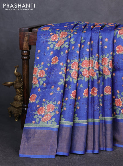 Pure tussar silk saree blue with allover floral prints and zari woven border