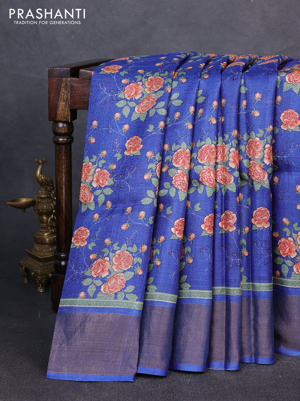 Pure tussar silk saree blue with allover floral prints and zari woven border